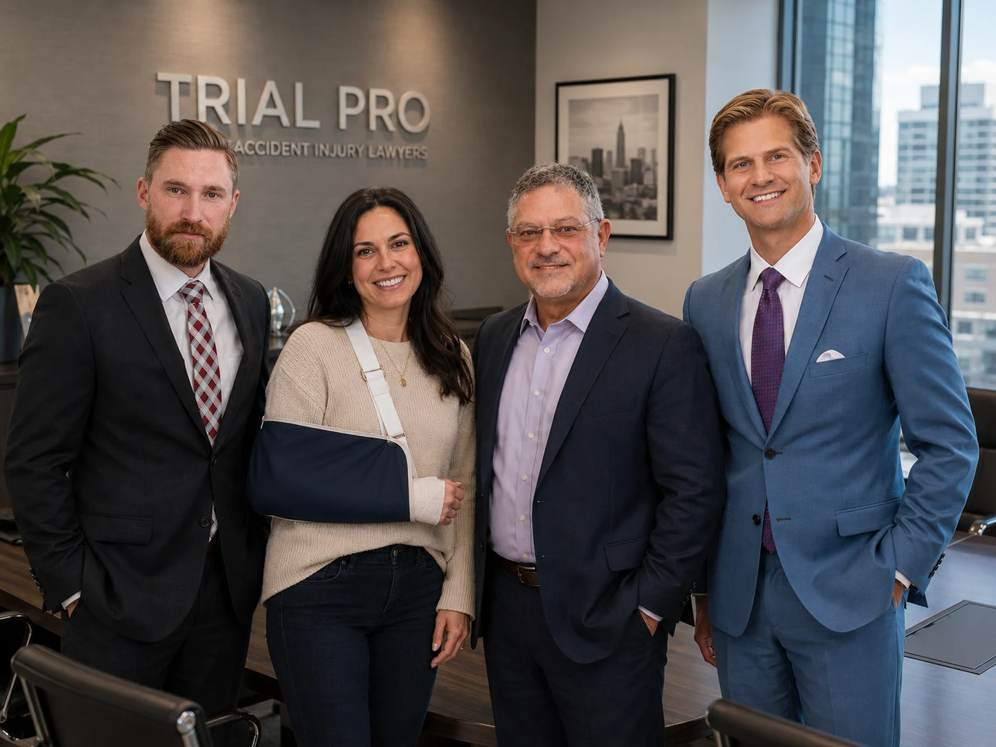 Four people standing together in the Trial Pro office.